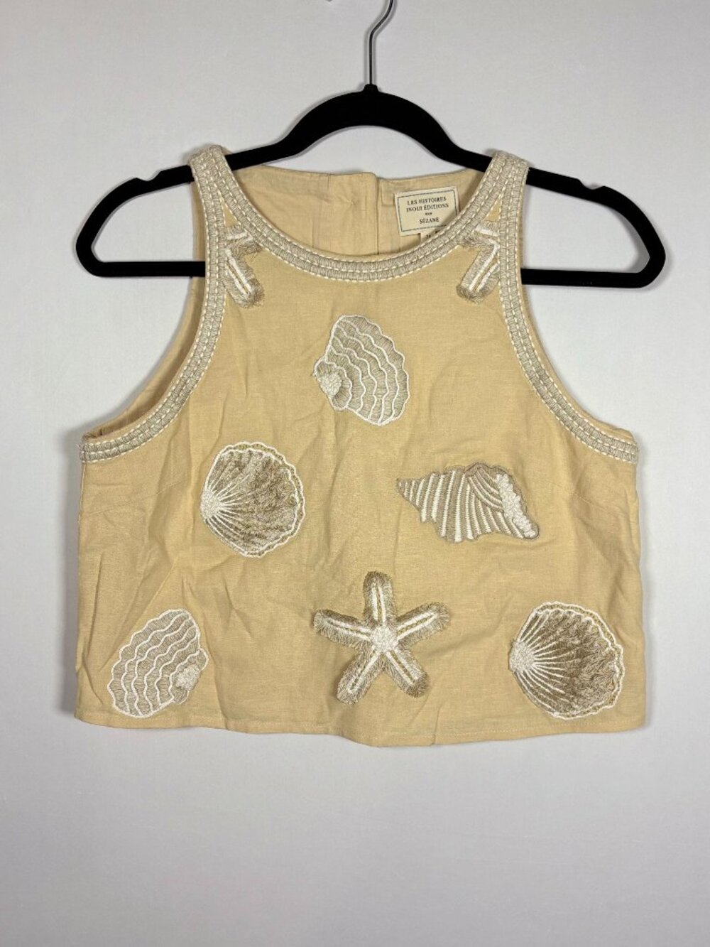NWT. Sezane Inoui Editions Chacha Linen Blend Shell Embroidered Crop Top Sand Si